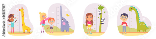 Children measure height with funny kids meter on wall vector illustration. Cartoon growing progress of cute boys and girls and tall animals of Africa, childish pediatric inch stadiometers