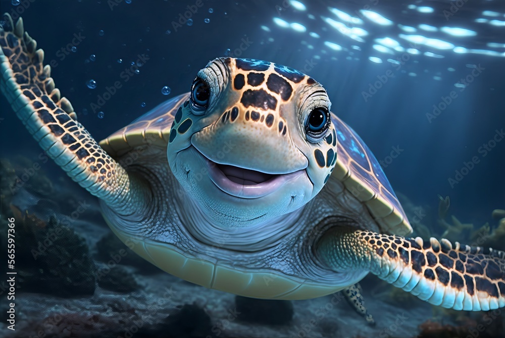 Obraz premium Realistic smiling sea turtle swimming in blue water with sun rays close-up.AI generated.