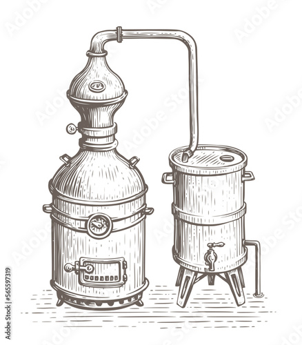 Alcohol ethanol production, distillery. Vintage distillation apparatus sketch. Retro alcohol machine vector illustration