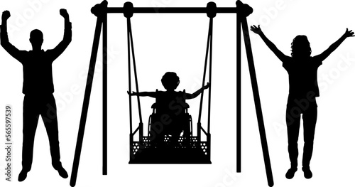 Silhouette of happy child is disabled in a wheelchair on an adaptive swing with mom and dad. have fun together. Vector Silhouette
