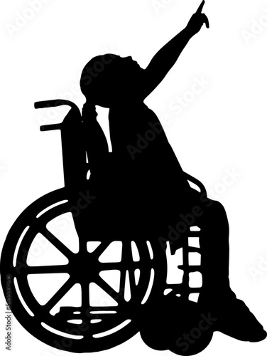 Silhouette of a disabled child girl sitting in a wheelchair showing a finger. Vector Silhouette