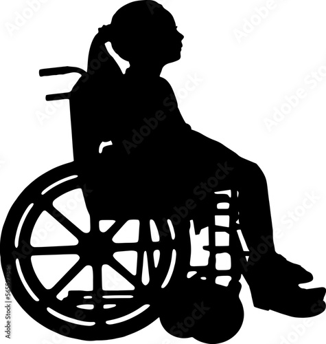 Silhouette of a disabled child girl sitting in a wheelchair. Vector Silhouette