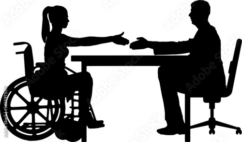 Handshake of a disabled woman in a wheelchair and a man. Vector silhouette