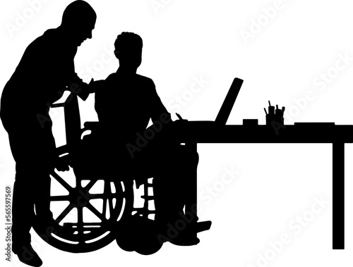 Silhouette worker supports and helps a disabled man in a wheelchair at work. Vector silhouette