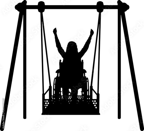 Silhouette of a happy woman is a disabled person in a wheelchair on an adaptive swing. Vector Silhouette