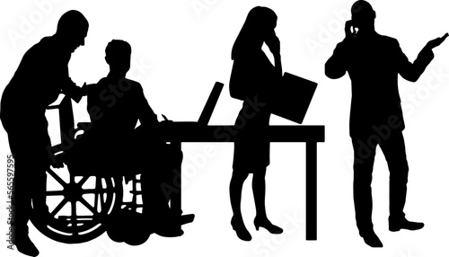Silhouette of a disabled man in a wheelchair and his work team during a work process. Vector silhouette