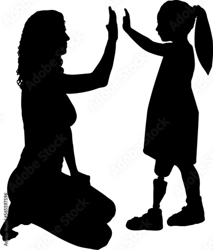 Disabled baby girl with prosthetic legs with her mom. Vector Silhouette