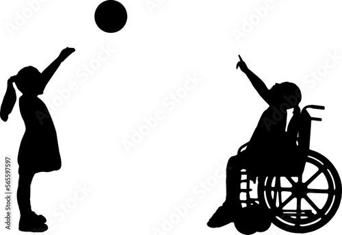 Silhouette of a disabled child girl in a wheelchair and healthy girl playing in a ball outdoors. Vector Silhouette