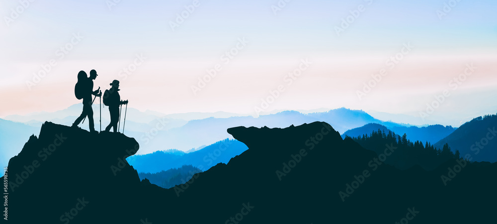 Fototapeta premium Blue landscape background banner panorama illustration drawing - Breathtaking view with black silhouette of mountains, hills, forest. and two hikers ( woman and man hiking )