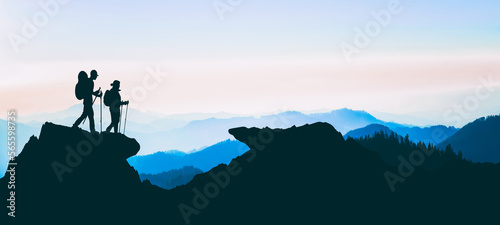 Blue landscape background banner panorama illustration drawing - Breathtaking view with black silhouette of mountains, hills, forest. and two hikers ( woman and man hiking ) © Corri Seizinger