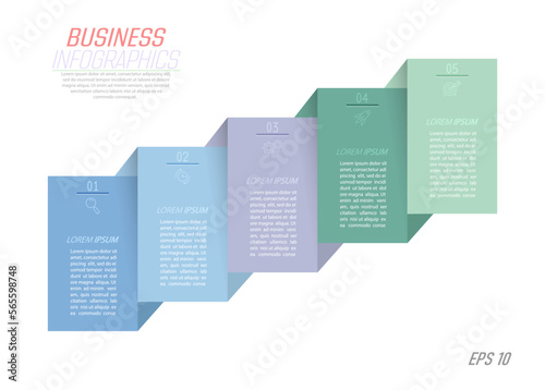 Business Infographics. 5 steps to achieve the result. Stages of development, workflow, marketing or plan. Business strategy with icons. Diagram of the report, statistics and training