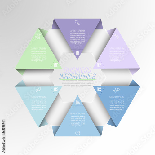 Business Infographics. 6 steps to achieve the result. Stages of development, workflow, marketing or plan. Business strategy with icons. Diagram of the report, statistics and training