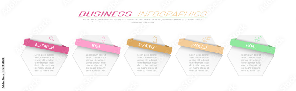 Business Infographics. 5 steps to achieve the result. Stages of development, workflow, marketing or plan. Business strategy with icons. Diagram of the report, statistics and training Business Infographics. 5 steps to achieve the result. Stages of development, workflow, marketing or plan. Business strategy with icons. Diagram of the report, statistics and training