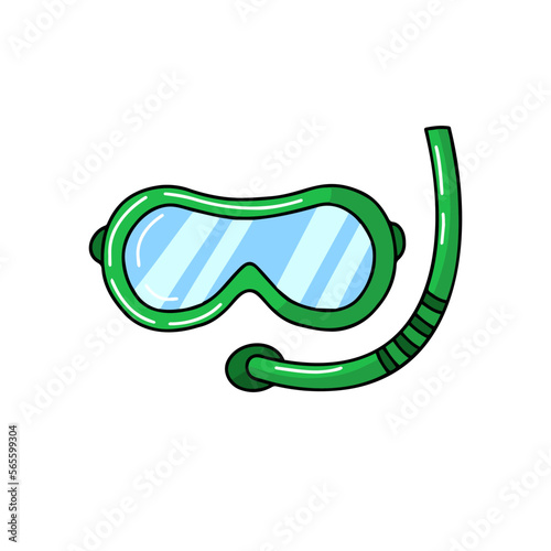 Diving equipment snorkeling mask scuba diver tools green underwater glasses tube cartoon vector illustration isolated on white background