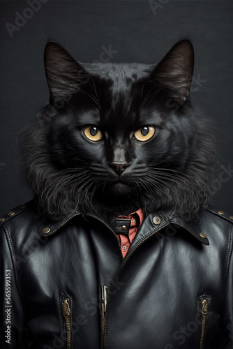 3d illustration gorgeous studio portrait of a black cat in a leather jacket