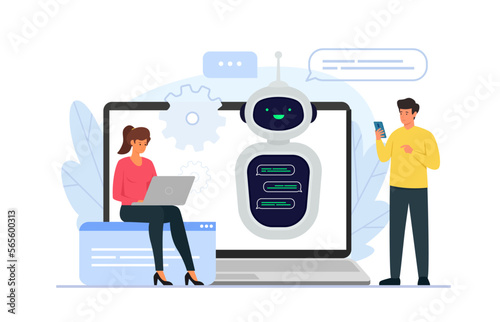 Vector illustration of chatbot customer service support concept. People characters chatting with chat bot in smartphone and laptop.