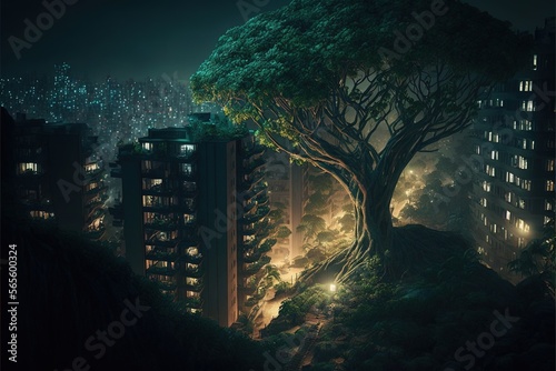 An abandoned city in the year 2045 at dusk which contains, giant trees, tiny soft fireflies, lush vegetation.