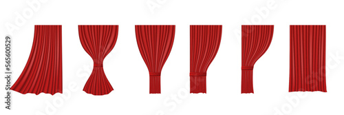 Red window curtains set collection , folded cloth for interior decoration realistic 3d vector