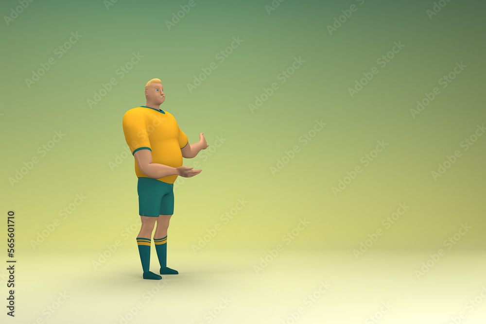 An athlete wearing a yellow shirt and green pants is expression of hand when talking. 3d rendering of cartoon character in acting. An athlete wearing a yellow shirt and green pants is expression of hand when talking. 3d rendering of cartoon character in acting.