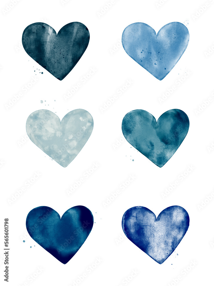 Blue hearts Valentines day card. Set of hand painted watercolor hearts. Isolated objects on white background 