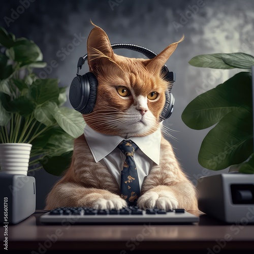 red cat office work computer manager office worker suit boss ginger cat office picture photo