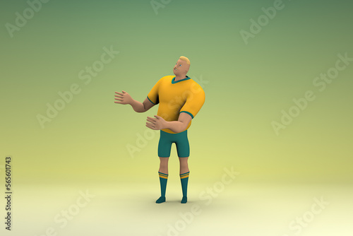 An athlete wearing a yellow shirt and green pants is expression of hand when talking. 3d rendering of cartoon character in acting.