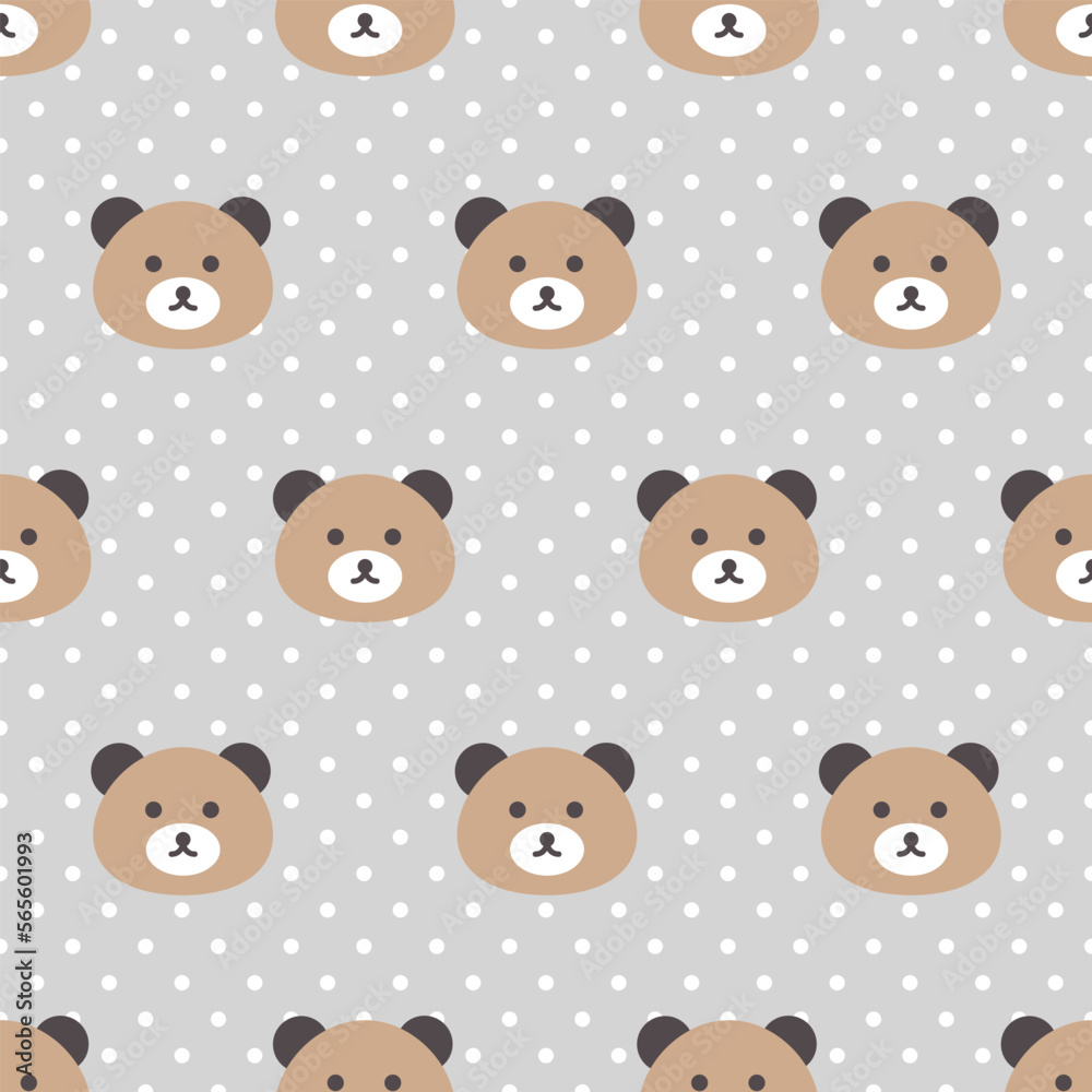 Classic teddy bear face on a neutral grey background with polka dot texture, cute woodland animals kids seamless pattern background for wrapping paper, fabric and textile print