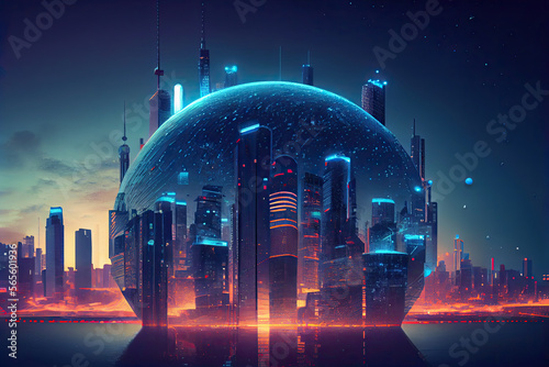 Futuristic technology on city background. Digital technology full of analyzing big data. There is room for copy space. Future technology concept.