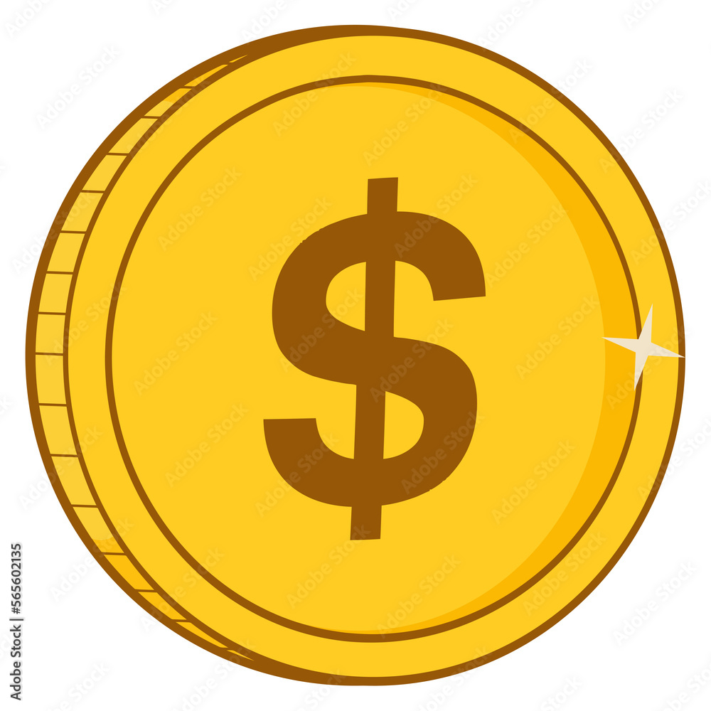 Golden Dollar Coin For Business And Finance Concepts. Hand Drawn Illustration Isolated On Transparent Background Golden Dollar Coin For Business And Finance Concepts. Hand Drawn Illustration Isolated On Transparent Background