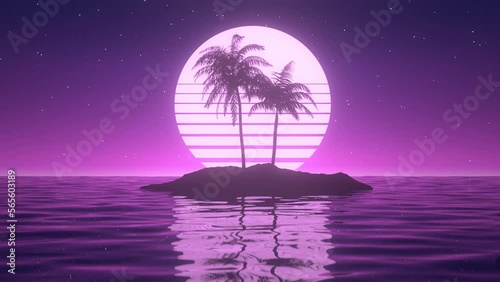 Synthwave background - palm trees on lone island