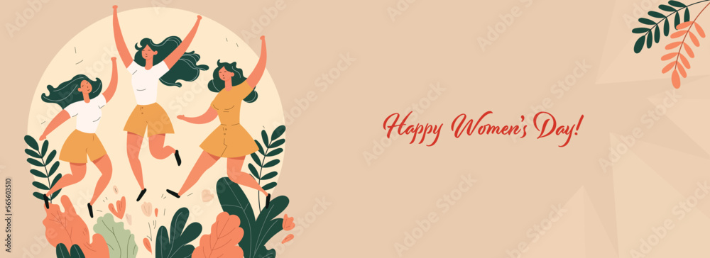 Happy Women's Day Banner Design With Fashionable Young Girls Jumping Characters On Leaves Decorated Background.