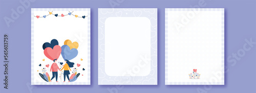 Valentine's Day Greeting Cards With Young Couple Character Holding Hands Together, Colorful Hearts And Space For Text.