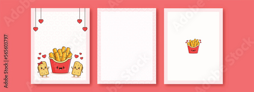 Valentine's Day Greeting Cards With Mascot Pizza Puffs Couple Character, French Fries Box And Space For Text.