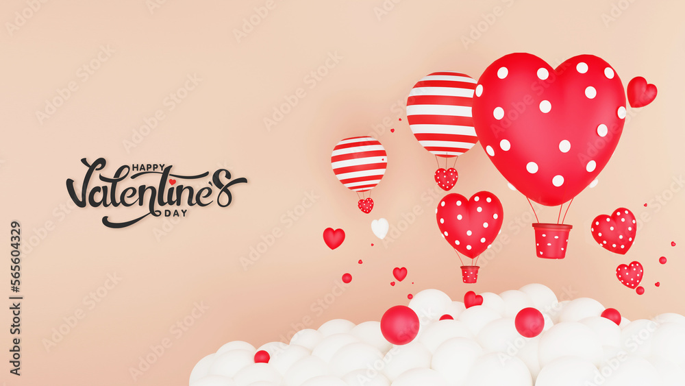 Happy Valentine's Day Landing Page Or Poster Design With 3D Render, Heart Shapes, Hot Air Balloons And Clouds.