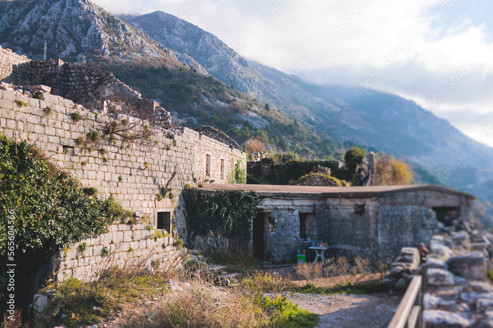 Kotor, Montenegro, process of climbing to the top of San Giovanni Fortress, Fort St. John, old medieval town, hiking on the Ladder of Kotor, sunny day with a blue sky and mount Lovcen and Orjen Kotor, Montenegro, process of climbing to the top of San Giovanni Fortress, Fort St. John, old medieval town, hiking on the Ladder of Kotor, sunny day with a blue sky and mount Lovcen and Orjen