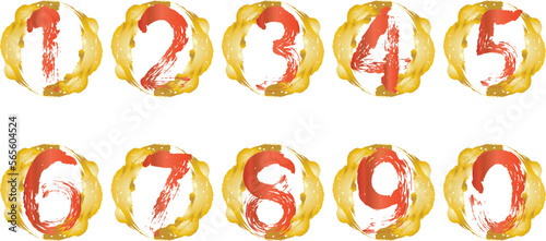 0から9の数字　番号　ナンバー　セット　金色　赤色　手描き　筆　ブラシ