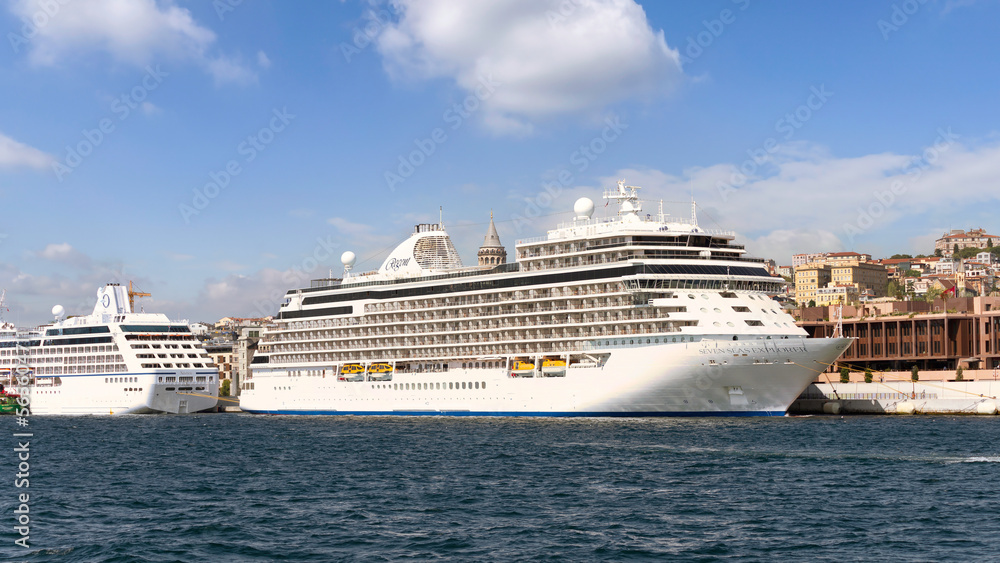 Seven Seas Explorer, Huge cruise ship docked at terminal of Galataport, a mixed use development located along the Bosphorus, in Karakoy neighbourhood, Istanbul, Turkey
