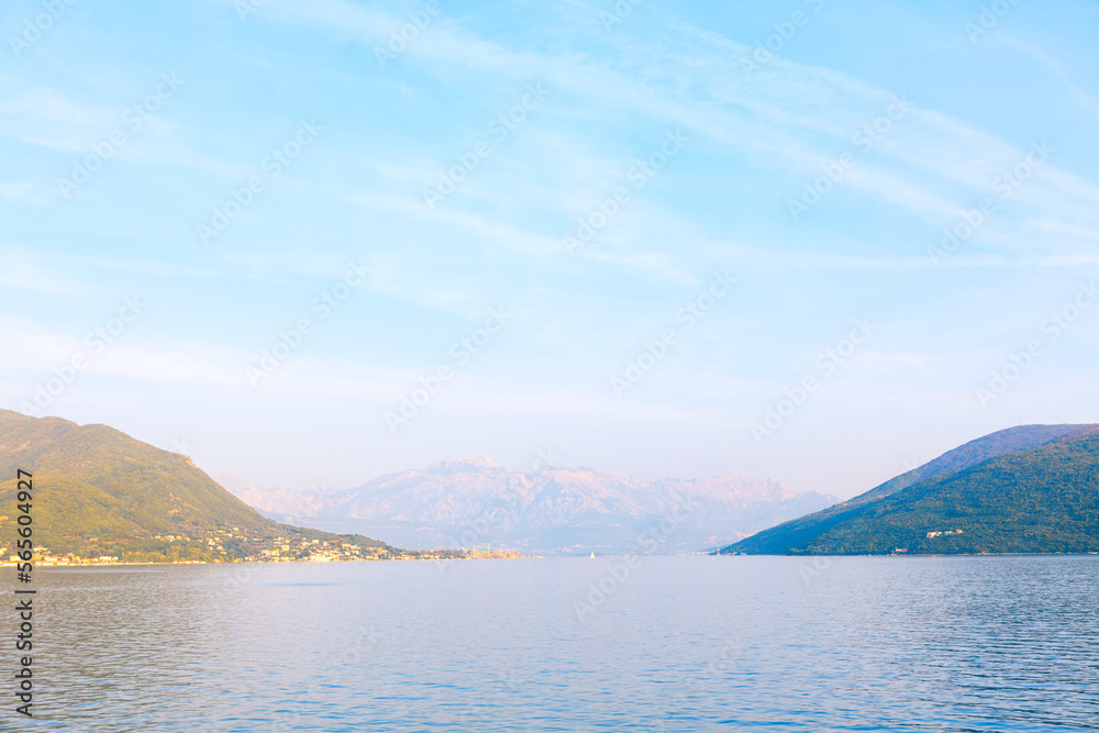 Water bay surrounded by mountains . Landscape of Kotor Bay 