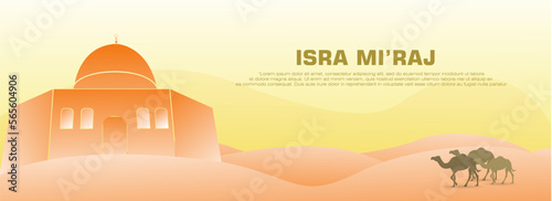 isra mi raj design template. with desert  camel and mosque elements  in bright orange color  for promotional or event banners