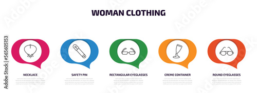 woman clothing infographic element with outline icons and 5 step or option. woman clothing icons such as necklace, safety pin, rectangular eyeglasses, creme container black, round eyeglasses vector.