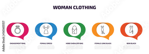 woman clothing infographic element with outline icons and 5 step or option. woman clothing icons such as engagement ring, female dress, hobo shoulder bag, female long black dress, bow black vector.
