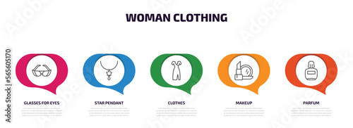 woman clothing infographic element with outline icons and 5 step or option. woman clothing icons such as glasses for eyes, star pendant, clothes, makeup, parfum vector.