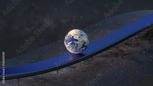 Bilde på lerret The ball of the planet earth smoothly rolls along the wave chrome surface agains