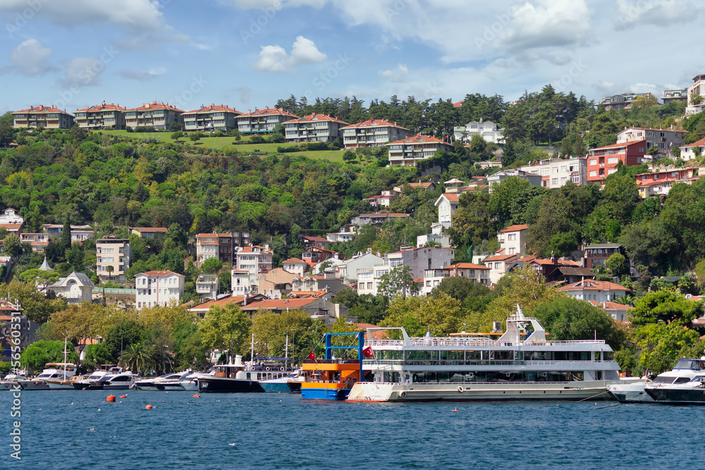 View from the sea of the green mountains of the Europian side of Bosphorus strait, with docked boats, traditional houses and dense trees in a summer day