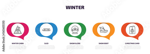 winter infographic element with outline icons and 5 step or option. winter icons such as winter cabin, sled, snow globe, snow boot, christmas card vector.
