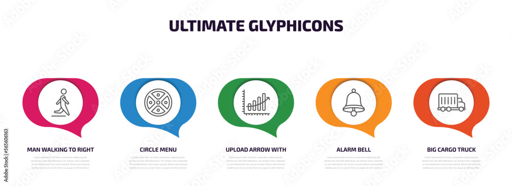 ultimate glyphicons infographic element with outline icons and 5 step or option. ultimate glyphicons icons such as man walking to right, circle menu, upload arrow with bar, alarm bell, big cargo ultimate glyphicons infographic element with outline icons and 5 step or option. ultimate glyphicons icons such as man walking to right, circle menu, upload arrow with bar, alarm bell, big cargo