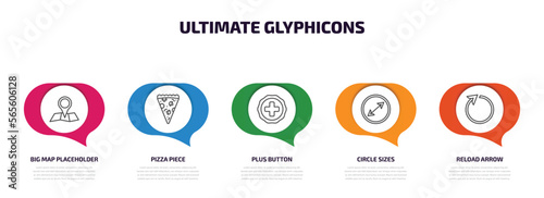 ultimate glyphicons infographic element with outline icons and 5 step or option. ultimate glyphicons icons such as big map placeholder, pizza piece, plus button, circle sizes, reload arrow vector.