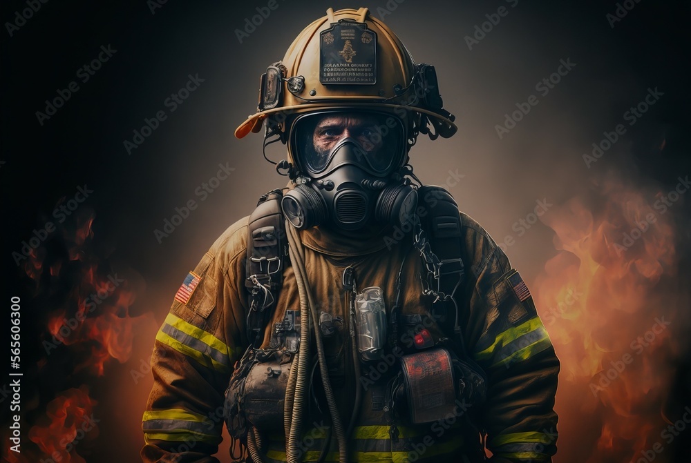 Depiction of Firefighter, A Hero. Post-produced generative AI digital illustration. 