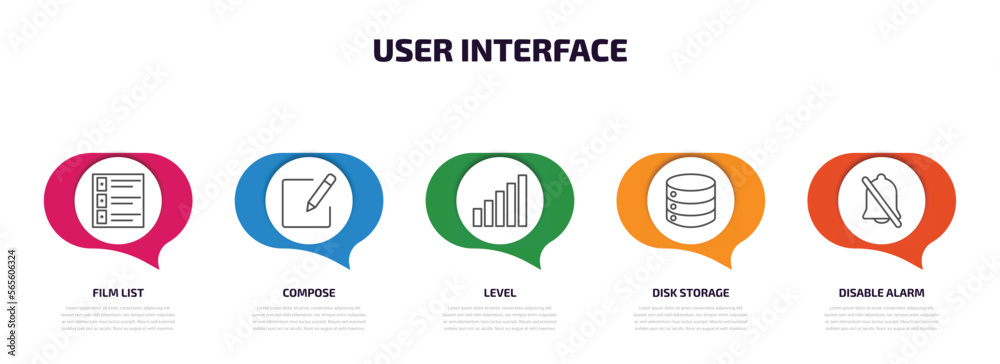 user interface infographic element with outline icons and 5 step or option. user interface icons such as film list, compose, level, disk storage, disable alarm vector.