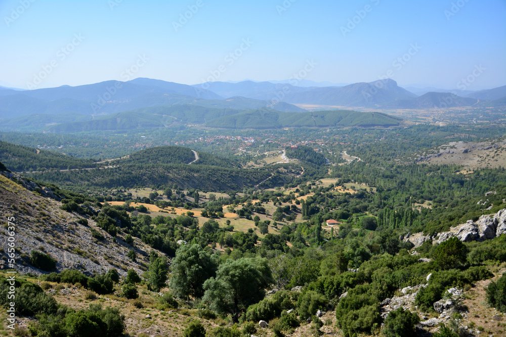 valley with green trees, rocky mountains and blue sky on background